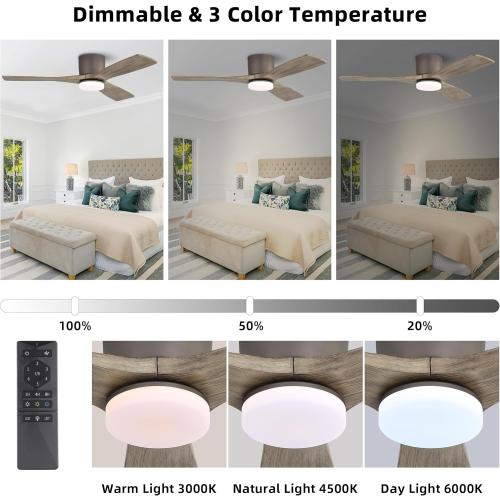 WINGBO 48 Inch Flush Mount DC Ceiling Fan, 3CCT Dimmable Light, 3 Carved Wood Blades, 6-Speed Noiseless Reversible DC Motor, Hugger Low Profile Fan, Graphite Finish with Gray Blades, ETL Listed