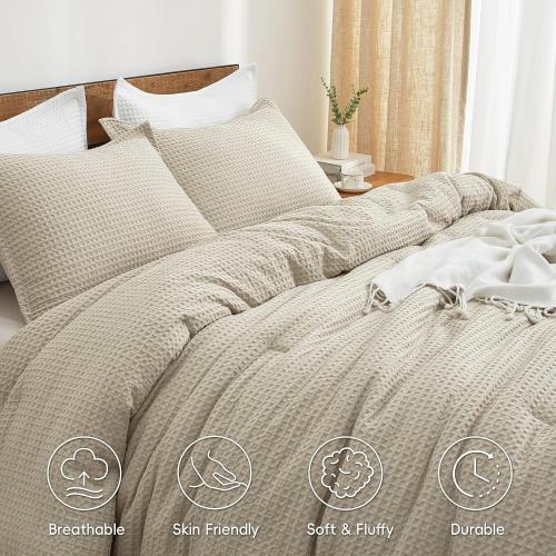 PHF Ultra Soft Waffle Weave Comforter Set King Size, 3 Pieces Lightweight Breathable Comfy Bedding Set, Comfy Textured 1 Comforter with 2 Pillow Shams, Linen