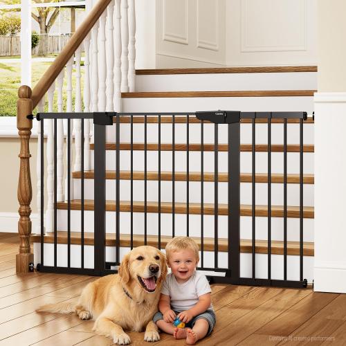 Cumbor 30-54 Extra Wide Baby Gate for Stairs, Dual Lock & Self-Closing Dog Gate Indoor, Easy Install Pet Gate for Doorways, Hallways & Kitchen, Easy Walk Thru Safety Proofing for Babies & Pets, Black