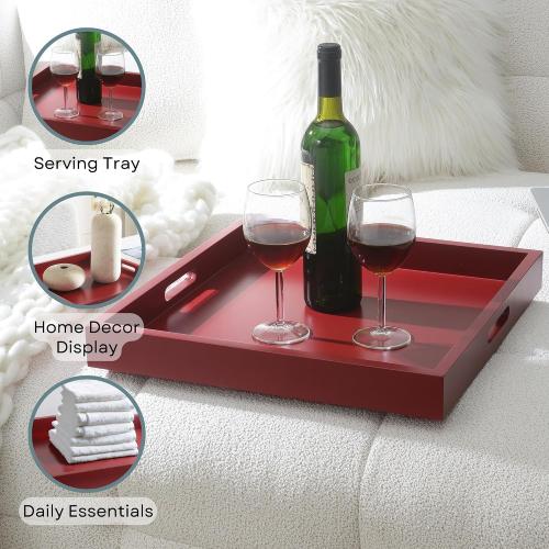Convenience Concepts Palm Beach Serving Kitchen & Living Room Square Wood Decorative Handles, Ottoman Accent, Coffee Table Tray, Counter Organization & Storage, 16.75, Red