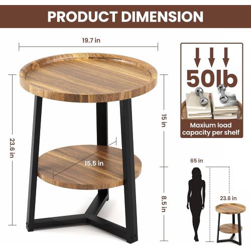 BLACK AND WOODEN COLORED PPAMAPIC Round End Table, 2 Tier Side Table with Storage Shelf, Nightstand Accent Table for Living Room Bedroom Small Space, Black Metal Frame, 19.7 D x 23.6 H, Rustic Brown