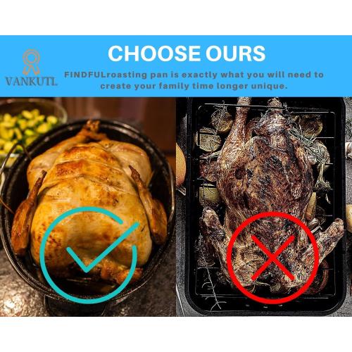 16 Inch Roasting Pan with Lid - Covered Oval Roaster - Enamel Carbon Steel Roaster Pot - Excellent Heat Distribution and Non-sticky - for Turkey Chicken Meat & Vegetables -Birthday and Holiday gifts