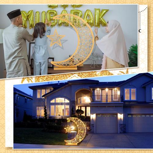 Tujoe Ramadan Crescent Moon Wooden Moon Decorations Lights for Home Eid Mubarak Star Crescent Eid Crafts Light Stand Mubarak Table Centerpiece with Star Ornament for Home Islamic Gift(20 x 17 Inch)