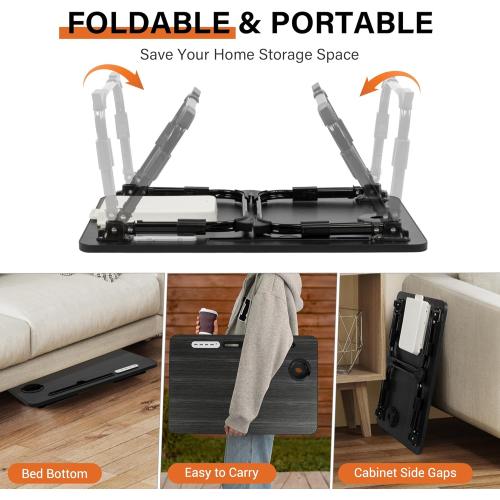 Laptop Desk for Bed Height Adjustable, Lap Bed Table with USB/Storage Drawer/Cup Holder/Tablet Stand/Book Shelf, Foldable Breakfast Tray Portable for Reading Writing, Sofa & Floor, Black
