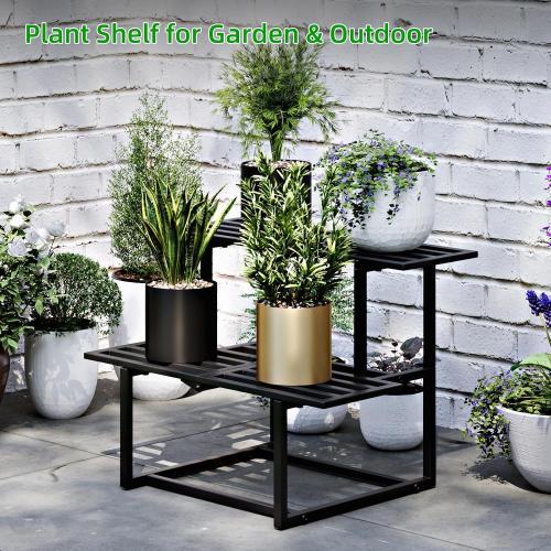Heavy Duty Plant Stand Indoor Outdoor, Foldable Metal Plant Shelf for Multiple Pots, Mid Century Slatted Bench for Patio Garden, 2 Tier Black