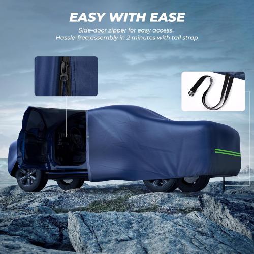 KAKIT Truck Cover Waterproof All Weather, Wear-Resistant Lightweight Fabric with Door Zipper and Tear Resistant Quick Drainage Holes, 5 Windproof Straps, Navy Blue (Truck Up to 250''L)