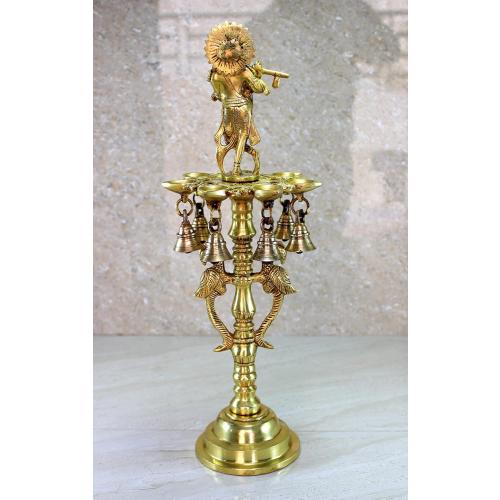 Brass Krishna Oil Lamp | Home Decor | Brass Diya Deepam Lamps | Kuthu Vilakku | Lamps for Home and Office - 16.5 Inches - Big Size