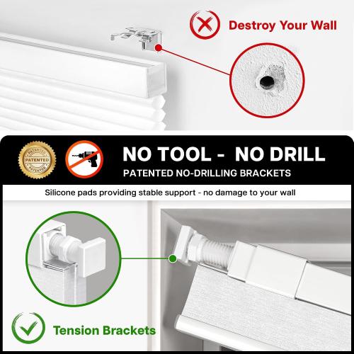 LazBlinds Cordless Cellular Shades, No Tools No Drill Blackout Honeycomb Shades Pleated Blinds for Windows, 34'' W x 48'' H, Silver White