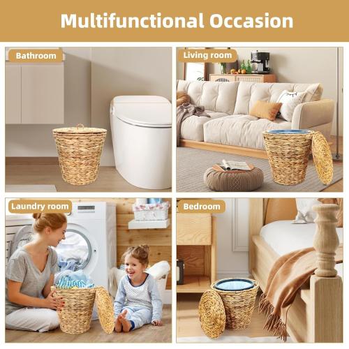 4 Gallons Wicker Waste Basket Can with Lid & Liner, Handwoven Wastebasket Wastepaper Basket with 60Pcs Bag, Wicker Trash Garbage Rubbish Can Bin Basket for Bedroom Bathroom Office Kitchen
