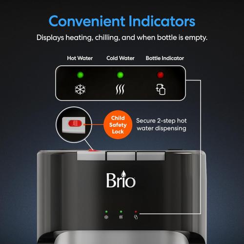 Brio Bottom Loading Water Cooler Dispenser for 5 Gallon Bottles - 3 Temperatures with Hot, Room & Cold Spouts, Child Safety Lock, LED Display with Empty Bottle Alert, Stainless Steel