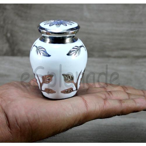 eSplanade Metal Cremation Mini urn Keepsake Memorial | Small urn for Ashes Funeral Burial Container jar Pot | Color - White(Silver Carved) Size-4.5 Inches