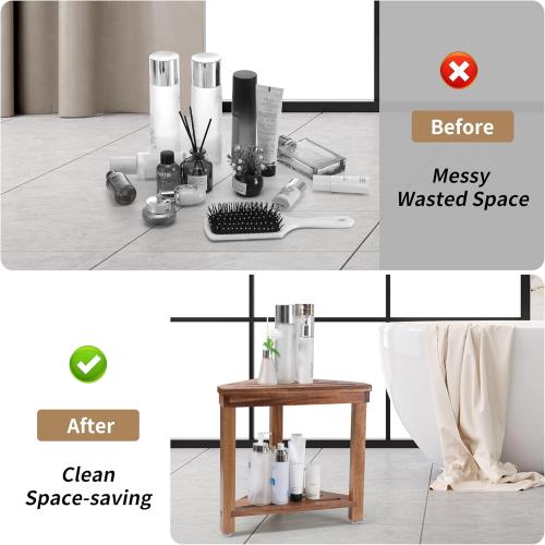 Shower Foot Rest 14in, Acacia Wood Shower Stool for Shaving Legs, Waterproof Corner Shower Stool with Storage Shelf for Inside Small Shower Spaces, Wood Color