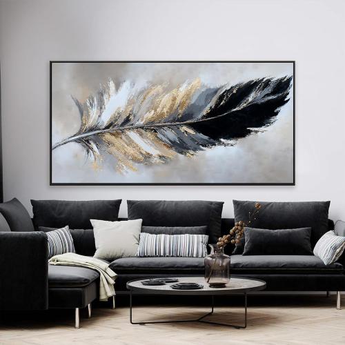 Canvas Art Wall Decor Modern Large Wall Decor Abstract Wall Art for Living Room Modern Home Decorations 29X58 With Framed Painting Black and Gold Minimalist Abstract Art Feather Home Artwork