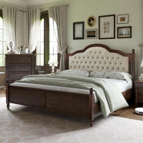 AMERLIFE Size Queen Color brown  Solid Wood Bed Frame Queen Size, Transitional Platform Bed with 52.5 Upholstered Tufted Headboard, Rubberwood/Roman Column Accents/Wood Slat Support/No Box Spring Needed