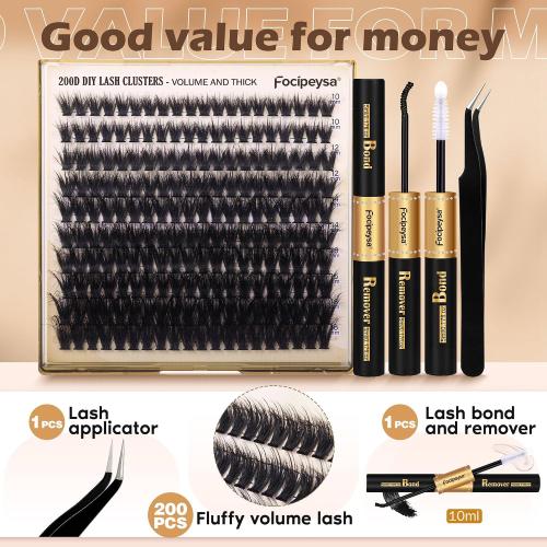 Focipeysa Lash Extension Kit Thick Eyelash Extension Kit 10-18mm Fluff Volume Lash Clusters 200D Individual Eyelashes Kit with Lashes Bond, Lashes Remover, Lash Tweezers, DIY Lash Extension
