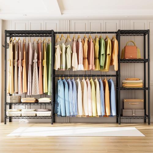 Golpart Heavy Duty Garment Rack Clothes Rack,Large Metal Closet Organizer System Storage Wardrobe,Freestanding Clothing Rack with 7 Adjustable Wire Shelves&3 Hang Rods,MaxLoad 1500lbs