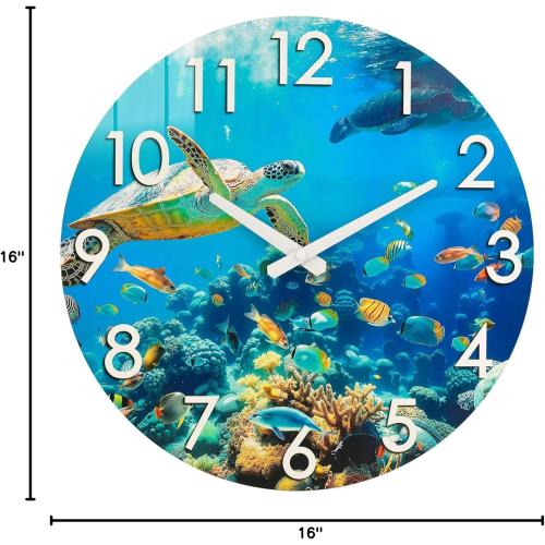 Crosstime 16 Inch Large Outdoor Wall Clock Waterproof - Sea Turtle & Coral Reef Ocean Life Theme, Tempered Glass Face - Silent Coastal Decor Clock for Outside Patio, Poolside, Garden, Beach House