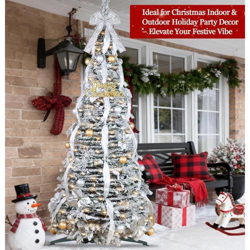 6 Ft Flocked Pop up Christmas Tree,Prelit 200 LED Lights,Opens Instantly,Fully Decorated 80 Ornaments,8 Mode Warm White Light & Timer,Foldable Xmas Tree Fire-Resistant Collapsible Outdoor Indoor Decor