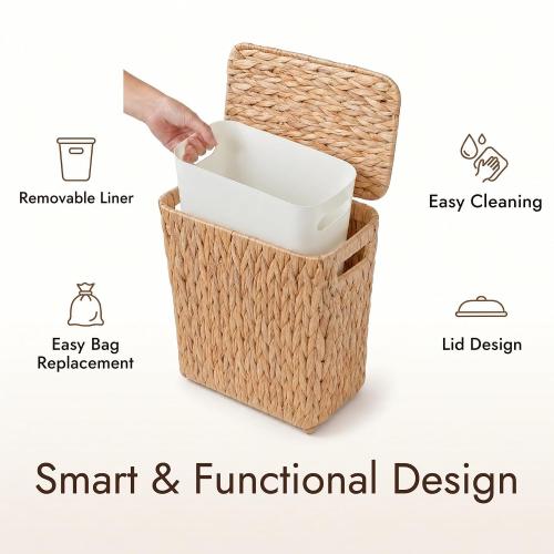 YANGQIHOME Water Hyacinth Bathroom Trash Can with Lid, Slim Rectangular Woven Waste Basket with Removable Waterproof Inner Bin, Decorative Wastebasket for Bedroom,2 Gallon,12.6’’L x 6.3’ W x 11’’H