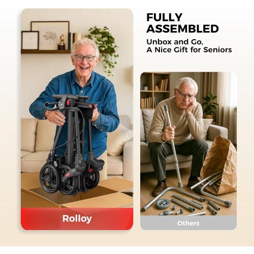 Rollator Walkers for Seniors with Seat, Foldable Travel Rolling Walker, 300lbs Capacity, lightweight Compact Portable Walker with Seat,Adjustable Height for Tall over 6ft,8 Big Wheels(Standard Model)