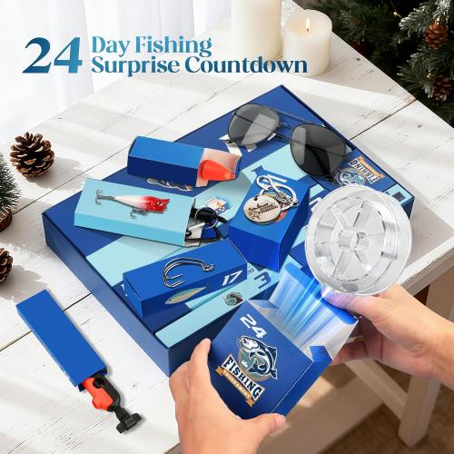 Fishing Advent Calendar 2025 for Men, 24 Days Christmas Countdown Fishing Lure Advent Calendars with Rod Holder, Landing Net, Fish Gripper, Hook, Bait - Christmas Gifts for Father, Husband, Boyfriend