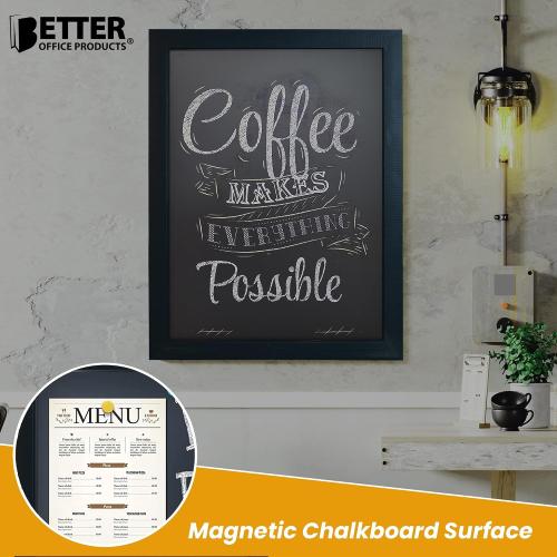 Magnetic Wall Chalkboard, Large Size 18 x 24, Rustic Wood Frame, Chalkboard Sign, Vertical or Horizontal Wall Mount, Includes Chalk and Eraser, by Better Office Products (Solid Black)