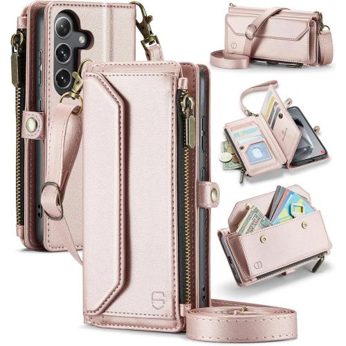Strapurs for Samsung Galaxy S25 Plus - Zipper Strap Wallet Case, Rose Gold