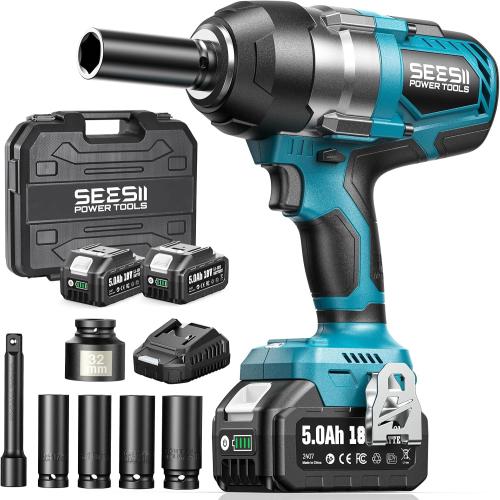 Seesii Cordless Impact Wrench, 1180Ft-lbs (1600N.m) 1/2 High Torque Brushless Impact Gun 2500IPM, 18V Power Impact Wrench, 2 * 5000mAh Battery, 4 Sockets, Variable Speeds for Car/Truck RV/Mower,WH810