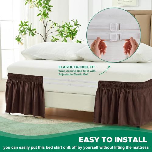 Biscaynebay Wrap Around Bed Skirts for Queen Beds 17 Long Drop, Brown*** Adjustable Elastic Dust Ruffles Easy Fit Wrinkle & Fade Resistant Silky Luxurious Fabric Solid Machine Washable Queen size