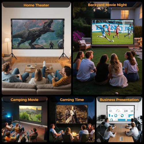 Outdoor Projector Screen with Stand: VOOPVOR 120 inch Portable Projector Screen Indoor - Upgraded Movie Screen 16:9 4K HD - Wrinkle-Free Lightweight Projection Screen with Carry Bag for Backyard Night