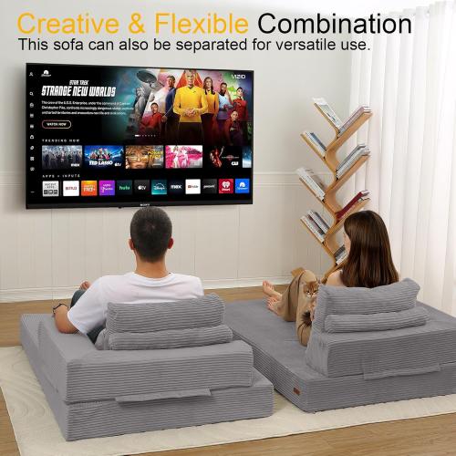 COMAX Convertible Sofa Bed Queen, Folding Floor Couch Corduroy Fold Out Couch Bed Futon Sleeper Mattress with Pillows, Boneless Sofa Comfy Lounge Loveseat for Living Room Bedroom, Light Grey