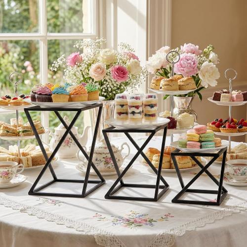 MyGift Pizza Racks, Set of 3 Food Risers for Buffet Table, Twisting Geometric Matte Black Metal Stackable Pizza Risers for Party, Family, Wedding