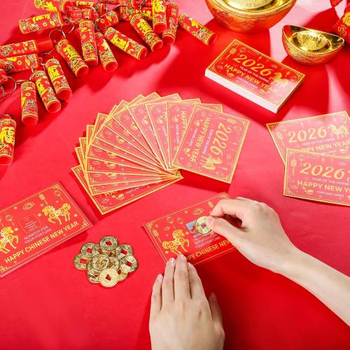 50 Counts Chinese Lunar New Year 2026 Scratch Off Fortune Cards with 50 Fortune Coins 2026 Year of The Horse Party Games Spring Festival Party Supplies for Presents Gifts Decorations(Horse)