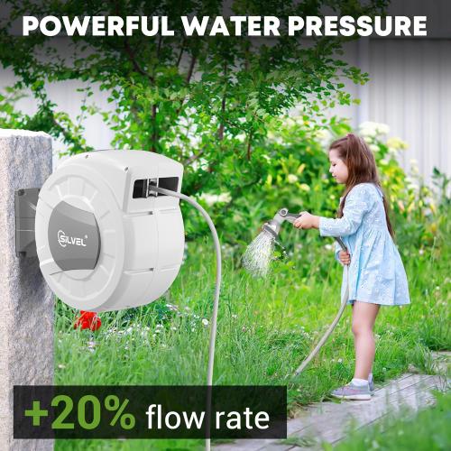 Retractable Garden Hose Reel, 1/2 x 100ft Wall Mount Heavy Duty Automatic Hose Reel with 10 Pattern Nozzle, Any Length Lock & Slow Return System, 180°Swivel Bracket Upgraded UV Resistant,Light Grey