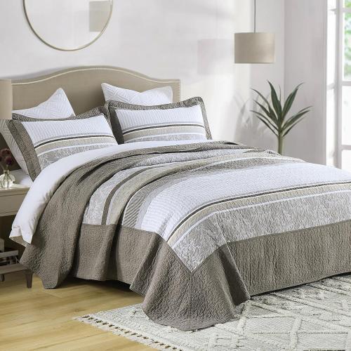 Color Grey 3 Piece King Bedspreads - 100% Cotton Oversized King Quilt with 2 Pillow Shams, Farmhouse Lightweight Stripe Bedspread Coverlet Sets, Brown/Gray/Beige