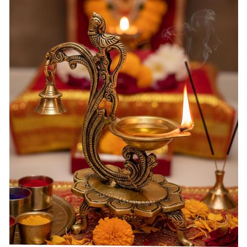 eSplanade - 8 - Peacock Diya with Bell - Lotus Shaped Round Brass Diya | Oil Lamp Deepam | Home Decor | Kuthu Vilakku | Oil Lamps for Home and Office