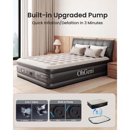 OhGeni Queen Air Mattress with Built in Pump, 18 Raised Comfort Inflatable Mattress, Quiet Surface Portable Blow Up Mattress, Air Bed for Home and Guest, Colchone Inflable, 650 lbs Max