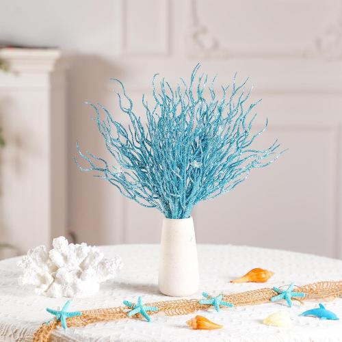 8 Pcs Blue Coastal Christmas Decorations Artificial 15.7inch Artificial Flowers Glitter Coastal Ornaments for Christmas Tree Ocean Beach Coral Nautical Treebranch Stem Pick Filler for Vase