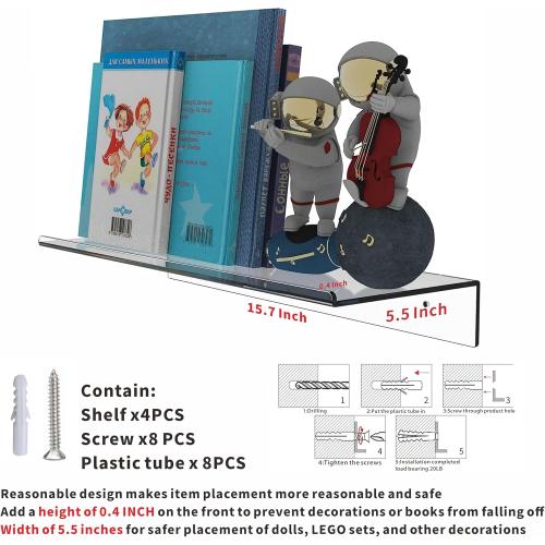 Clear Acrylic Floating Shelves Set of 4 for Lego Sets Funko Pop Collectibles Kids Bookshelf Figures Plant Picture Photo Modern Wall Ledge Floating Shelf for Bedroom Decor Living Room Wall Shelf