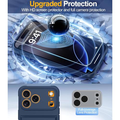 for iPhone 17 Pro Case with Card Holder（4-5 Cards）[9H Screen Protector ][Full Camera Protection][RFID Blocking][Hidden Kickstand] Rugged Heavy Duty Wallet Case for iPhone 17 Pro (Dark Blue)