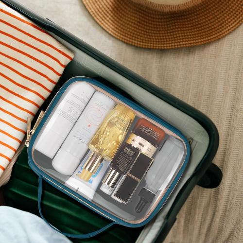 2 pack.......TSA Approved Toiletry Bag,  Clear Makeup Bags with Handles, Quart Size Toiletry Bags, PVC Clear Cosmetic Bags for Women and Men, Carry on Airport Airline (Til Blue, Medium)