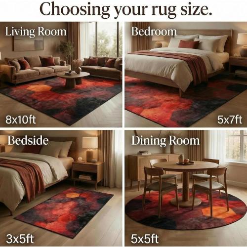 Fiery red Brown Burnt Orange Copper Black Abstract Geometric Shape Rug 5x7 Rug Area Rugs for Living Room Bedroom Aesthetic Dining Room Machine Washable Throw Rugs Carpet Indoor Non-Slip Floor Mat