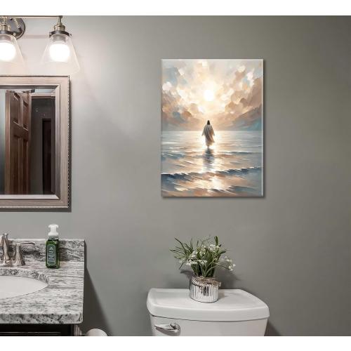 Jesus Walking on Water Canvas Wall Art Jesus Christian Posters Prints Sacred God Walking on Ocean Beach Painting Pictures for Living Room Bedroom Bathroom Office Wall Decor Framed