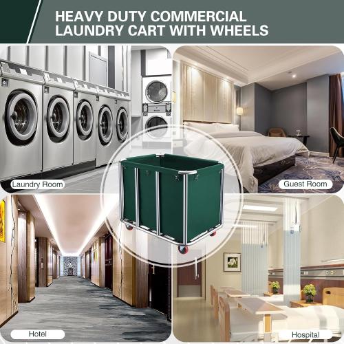 Commercial Laundry Cart with Wheels,11.35 Bushel Commercial Laundry Hamper,Industrial Rolling Laundry Basket with Sturdy Stainless Steel Frame and Oxford Bag for Home Hotel 440 lbs (Blackish Green)