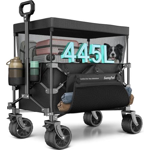 SUNNYFEEL Foldable Wagon Cart with Canopy - 445L Extra Large | 440 LBS Heavy Duty Utility Cart with All-Terrain Wheels, 3-in-1 Portable Wagon for Garden, Grocery, Camping, Beach, Shopping
