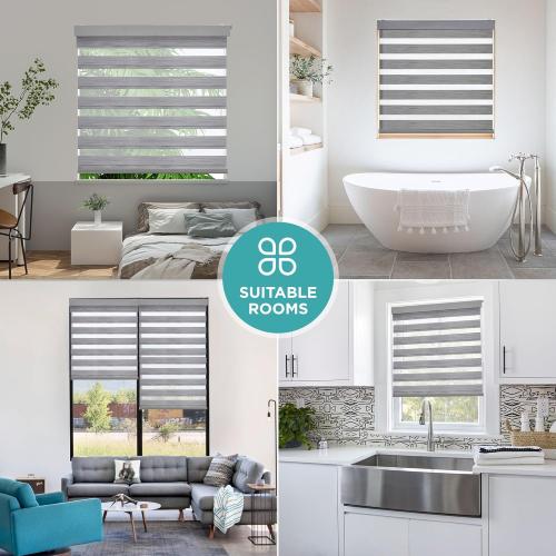 Joydeco No Drill Zebra Blinds for Windows, Cordless Day & Night Dual Sheer Roller Shades, Easy Installation, Free-Stop Lift System, Light Filtering Privacy Blinds for Home(Grey,22 W x 75 H)