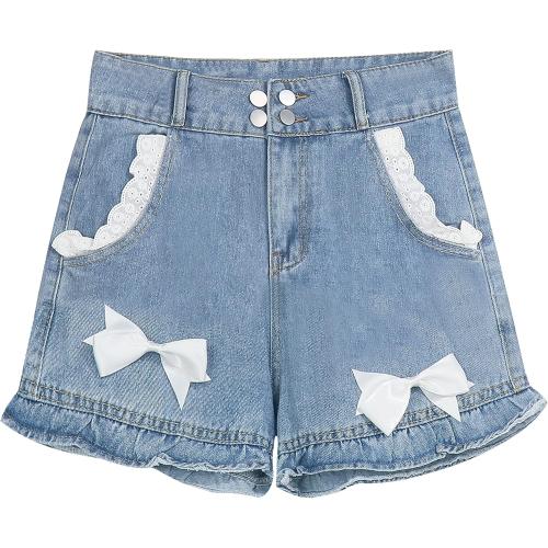 Size L Denim Shorts Women Teen Girls High Waisted Sweet Lace Hem Cute Bow Wide Leg Blue Jean Shorts