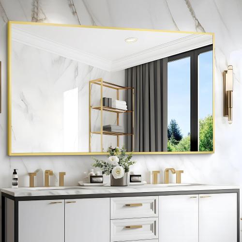 COFENY 36x55inch Bathroom Mirror, Gold Rectangle Mirror with Thin Metal Frame, Large Rectangular Wall Mirror for Bathroom, Living Room, Hair Salon, Big Farmhouse Mirror Hang Horizontal/Vertical