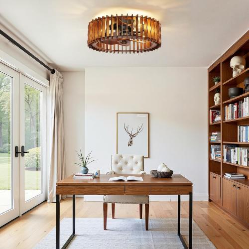20 Flush Mount Ceiling Fan with Light, Wooden Caged Low Profile Fandelier with Remote, 6-Speed Reversible Bladeless Fan, Farmhouse Ceiling Fan for Bedroom, Kitchen, Living Room