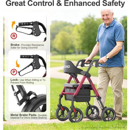 HOMLAND Foldable Rollator Walkers for Seniors with Seat, 17 lb Lightweight | 8 All-Terrain Rubber Wheels, Reinforced Aluminum Frame, Cup Holder, 16'' Enlarged Seat, Height Adjustable, Easy Assembly